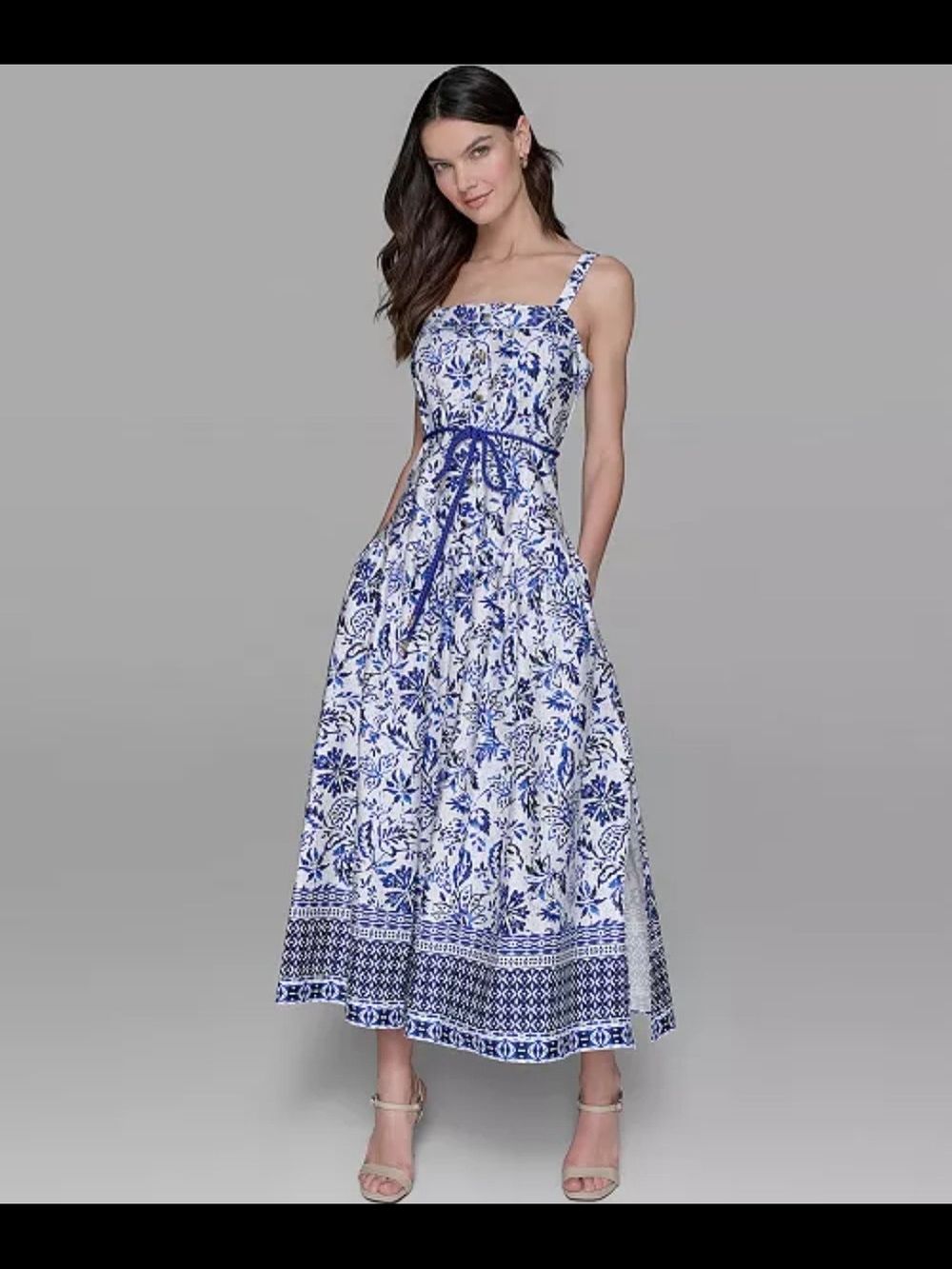 Karl Lagerfeld Blue and White Floral Maxi Dress with Tie Waist